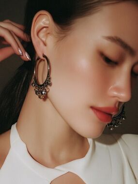 Elegant Black Hoop Earrings with Crystal Drops